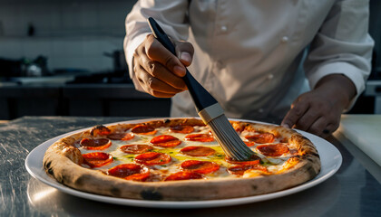 Chef Brushing Pizza Crust A Culinary Artistry Displaying Flavor and Texture with Precision