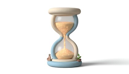 3D clay-style hourglass with softly glowing sand in pastel cream and blue tones, minimal and cute design, isolated on white background.