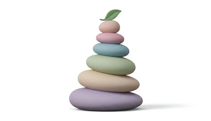 3D clay-style stacked smooth pebble stones with a small green leaf on top, soft pastel tones, minimal and calming design, isolated on white background.