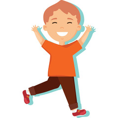 Joyful Young Boy With Red Hair and Orange TShirt Brown Pants and Red Shoes Laughing With Arms Raised in Celebration Against a White Backdrop
