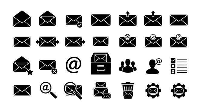 Email Icons Set Black and White Design for Business Communication and Contact