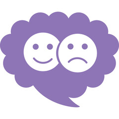 Speech bubble with two contrasting emotion faces one happy one sad purple illustration on transparent background representing mood swings and emotional duality