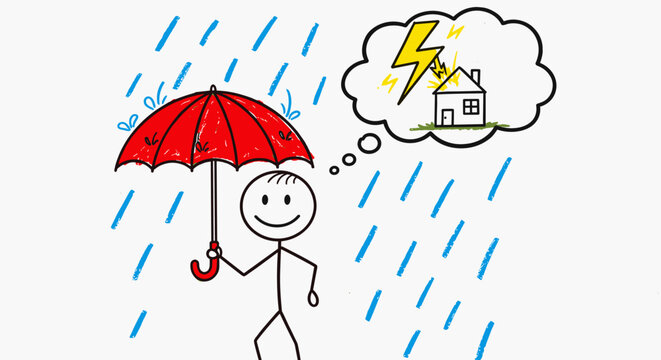 Hand-drawn stick figure with a red umbrella in the rain, thinking about home safety and protection from a lightning storm, a concept for insurance