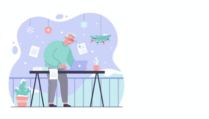 Stressed senior man frantically working on laptop during the winter holidays Pressure and deadlines
