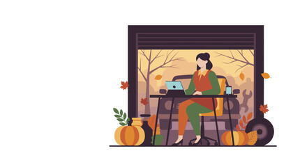 Woman working on laptop in autumn garage office decorated with pumpkins Small business illustration