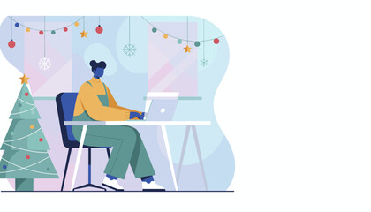 Remote worker busy on laptop in a winter office decorated with a Christmas tree and holiday lights