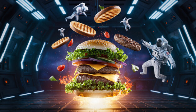 Futuristic advertising concept of a colossal double cheeseburger on fire floating in a spaceship with astronauts in zero gravity