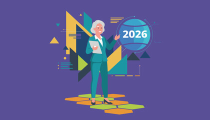 Businesswoman presenting 2026 annual forecast illustrating corporate planning and future vision