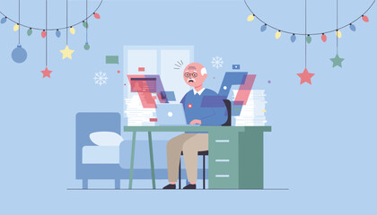 Senior man overwhelmed by work tasks and deadlines during the holiday season Burnout concept