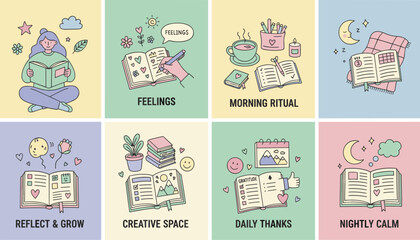 Daily journaling and selfcare routine icons for mindfulness gratitude and personal growth