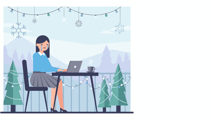 Crying woman works on laptop outdoors in winter Holiday sadness stress or remote work burnout