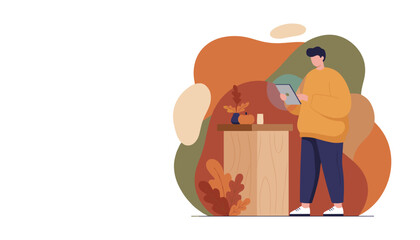 Man uses tablet device in cozy autumn environment Flat vector illustration of seasonal productivity