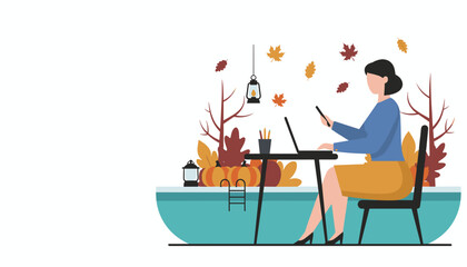 Businesswoman uses laptop and phone outdoors during fall Remote work lifestyle illustration