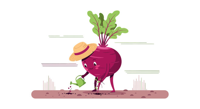 A Cheerful Beet Root Person Gardening on a Black Background in Vector Illustration