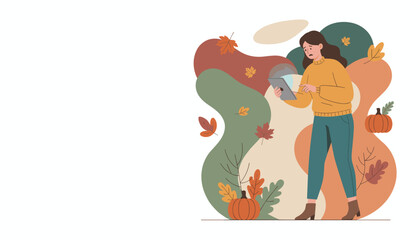Woman feels anxious looking at tablet screen amidst fall leaves and pumpkins Digital stress concept