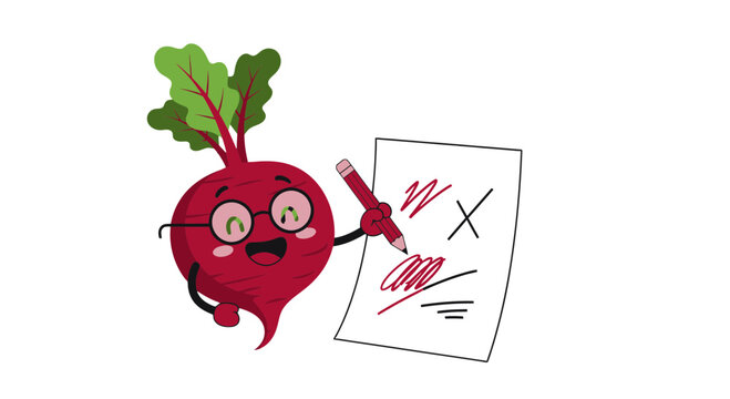 A Cheerful Beetroot Character Marks a Paper with a Pencil, Smiling Broadly and Happy
