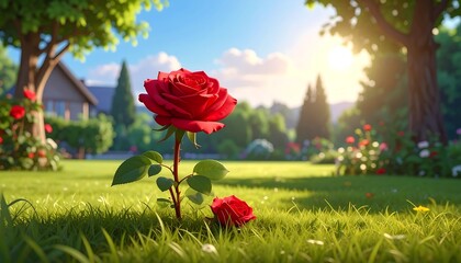 Single red rose blooms in a sunlit garden with a house in background.