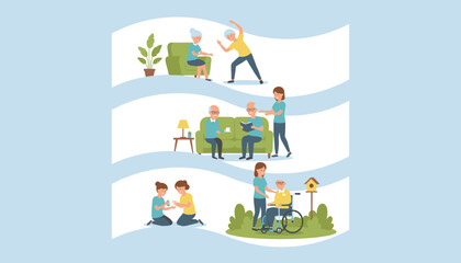 Happy seniors receiving professional care and assistance Elderly life health exercise and companionship