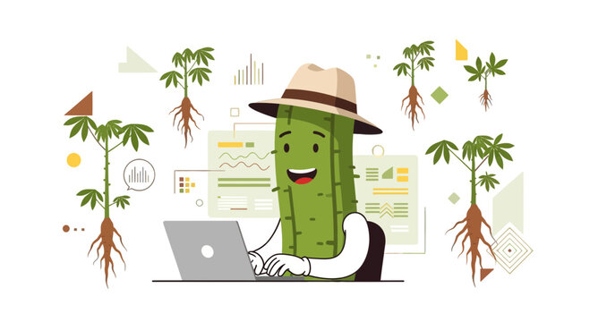 A Cheerful Cactoid Analyst Working With Charts and Plants in a Modern Illustration