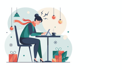 Woman with headache working on laptop surrounded by holiday gifts illustrating seasonal stress and burnout