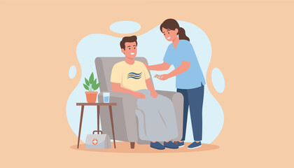 Healthcare professional giving medication to a smiling patient during home recovery Care and support