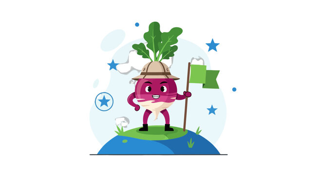 A Cheerful Radish Explorer Stands Victoriously On A Miniaturized Planet With A Flag