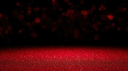 A vibrant red glitter foreground with blurred red bokeh on a dark background.
