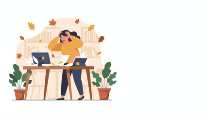 Stressed woman overwhelmed by autumn deadlines and exploding workload in the office Burnout concept