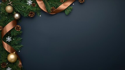 Christmas frame of fir branches, pinecones, ornaments, snowflakes, and a golden ribbon on a dark background.