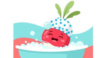 Fototapeta premium A Cheerful Radish Takes A Relaxing Bath With Bubbles And A Shower Cap