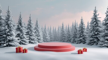 A red and pink product podium in a snowy winter forest with scattered small gifts.