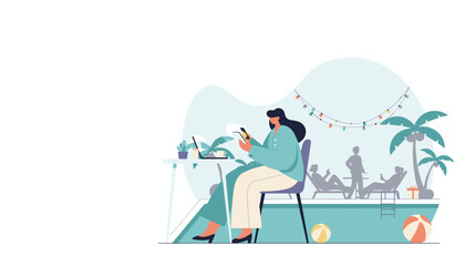 Professional working remotely poolside using technology for digital nomad lifestyle and travel