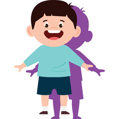 Joyful young boy with open arms and a purple shadow standing on a white background wearing a light blue long sleeve shirt and dark blue shorts
