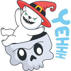 Spooky White Bear Wearing Witch Hat Sits Atop Skull With Grinning Face And Green Eyes Next To Blue Text YEHH On Transparent Background