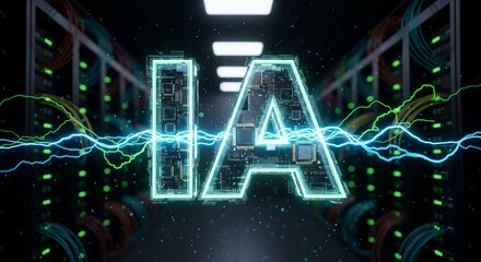 Symbole holographique IA Intelligence Artificielle fait de circuits électroniques lumineux dans un centre de données flou
