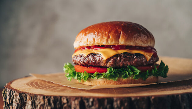Close-up of a perfectly grilled juicy beef burger with melted cheese, crisp lettuce, ripe tomato, and golden bun on a rustic wooden surface, highlighting its appetizing appeal