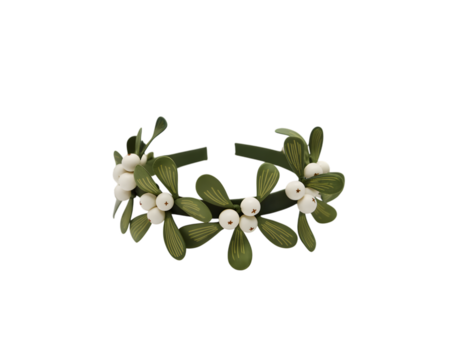 Festive Christmas mistletoe headband featuring realistic white berries & green leaves, ideal holiday decoration, winter celebration, and seasonal design element. Perfect for festive cheer.