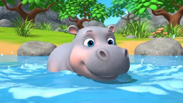 A cute cartoon hippo splashes joyfully in a vibrant blue water scene.