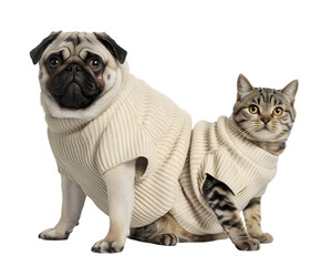 Adorable pug and tabby cat in matching cozy knitted cream sweaters, isolated on black. Perfect for pet, animal, or cozy winter themes. Cute furry friends in stylish apparel.