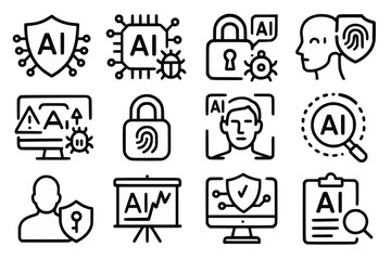 AI Cybersecurity Icons with Threat Detection, Encryption, Biometric Access, Anomaly Tracking and Digital Forensics in Bold Black Line Art on White Background