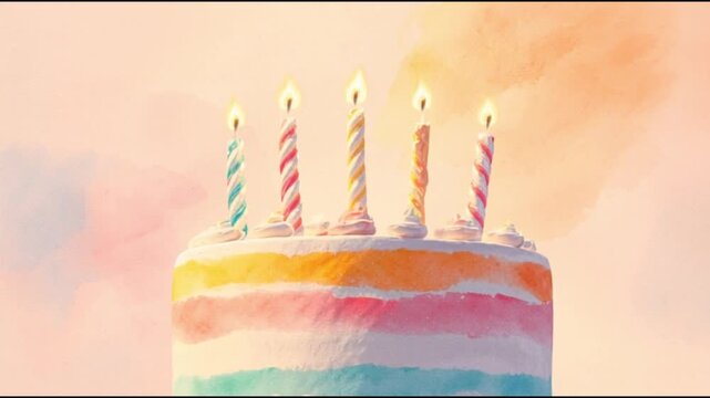 Pastel rainbow cake features five glowing birthday candles