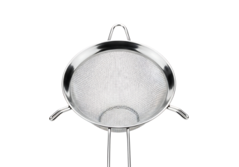 Stainless steel mesh sieve kitchen utensil for sifting food isolated on transparent background