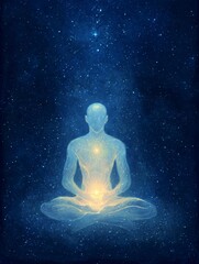 Meditating Figure in Lotus Position Under Starry Cosmic Sky, Conceptual Art for Spiritual Balance and Universal Connection.