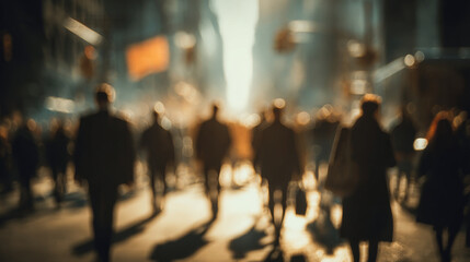 Blurred background of business people walking in city, creating sense of movement and energy. scene captures hustle and bustle of urban life