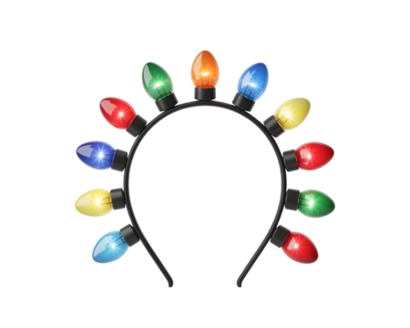 Bright Christmas light headband on black background, perfect for festive holiday parties, celebrations, and seasonal design projects. A fun, colorful accessory for adding joy to any event.