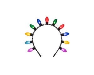 Brightly lit Christmas light headband with multi-colored bulbs, perfect for festive holiday celebrations, parties, and costumes. A fun, vibrant accessory for seasonal cheer, isolated on a black bac