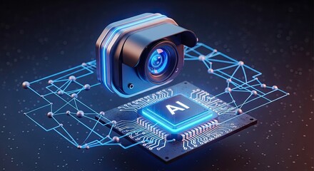 Perspective view of 3D AI machine vision system icon with camera and AI chip