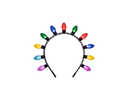 Brightly lit Christmas light headband with multi-colored bulbs, perfect for festive holiday celebrations, parties, and costumes. A fun, vibrant accessory for seasonal cheer, isolated on a black bac