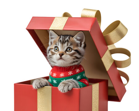 Adorable tabby kitten in a festive Christmas sweater, peeking from a red gift box. Perfect for holiday pet promotions, greeting cards, or a cute seasonal surprise.