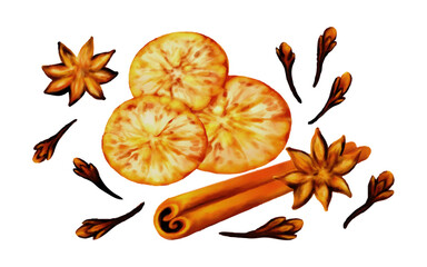 
Festive Citrus and Spice Watercolor Illustration. Dried orange slices cinnamon sticks star anise and cloves arranged in a warm festive spice illustration
